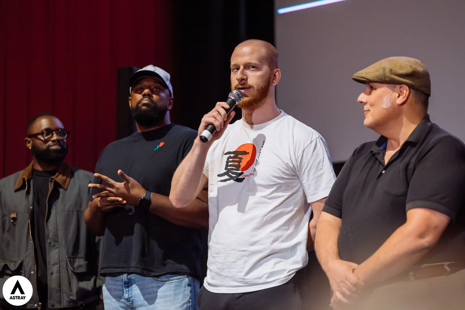 JP Wogaman II (2nd from right) speaking on the "Why not just make it here?" film showcase at the 2024 DC Shorts International Film Festival. Photo by Joe Carabeo. Also pictured: Othello Banaci (far left), Maxwell Towson (2nd from left), & Robert Kendzie (far right).